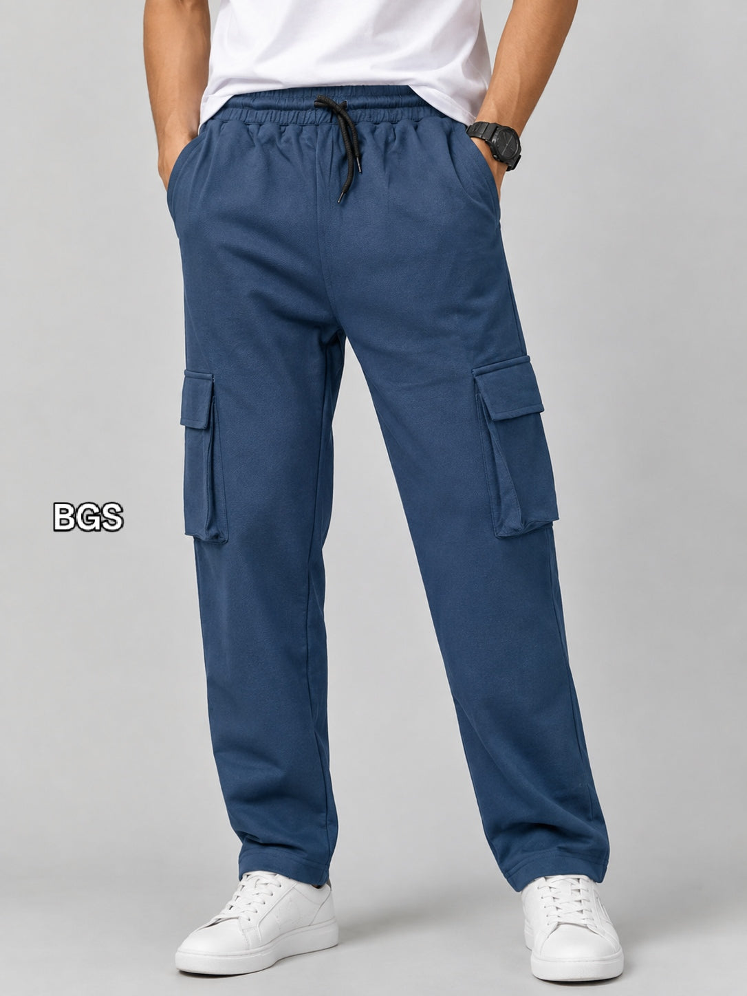 Men's Navy Blue Cargo Pant - 6 Pockets - Baggy Straight Fit - Elastic Waist with Drawstring - Casual StreetweaR