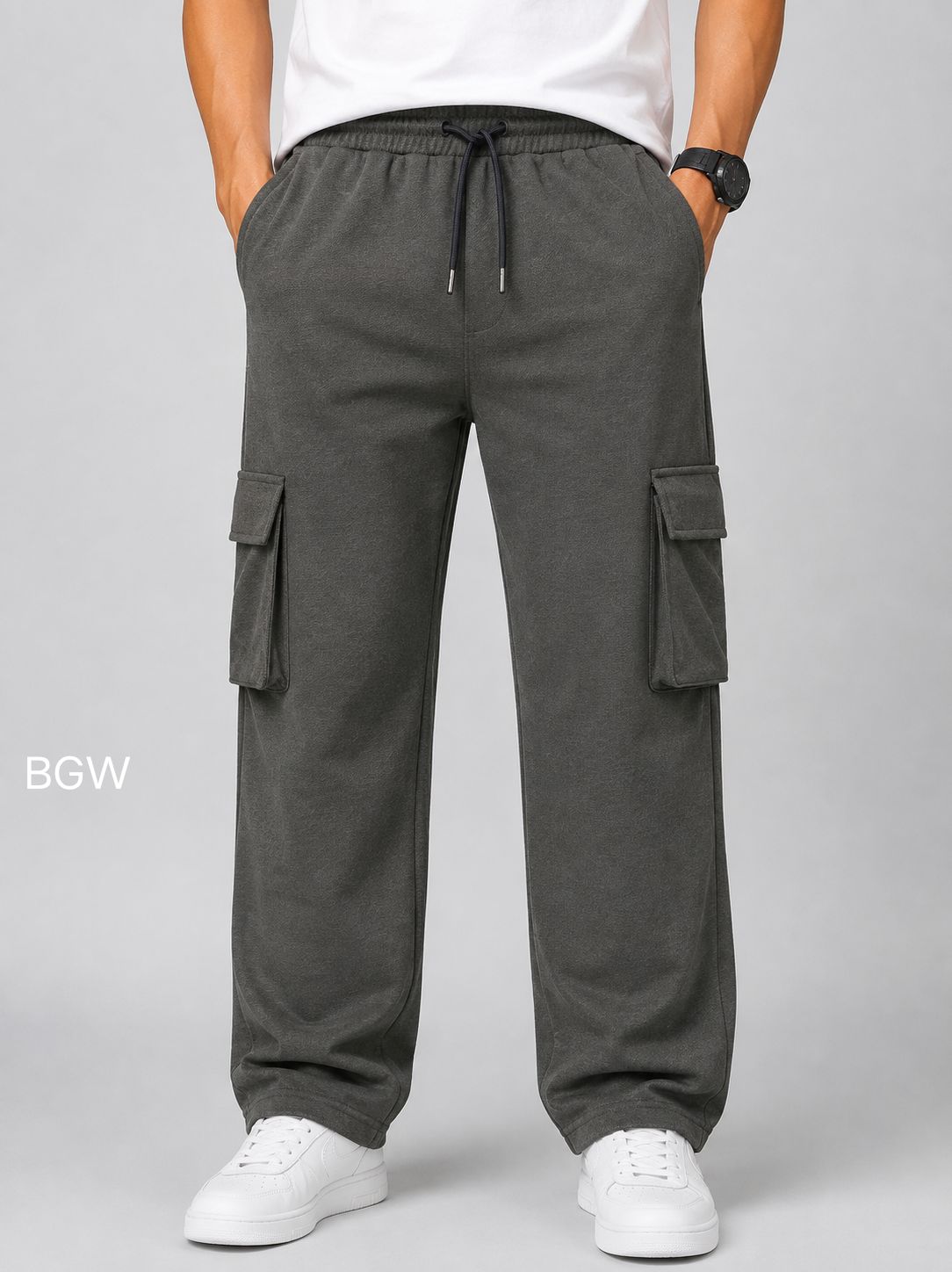 Men's Pachi Green Cargo Pant - 6 Pockets - Baggy Straight Fit - Elastic Waist with Drawstring - Casual Streetwear
