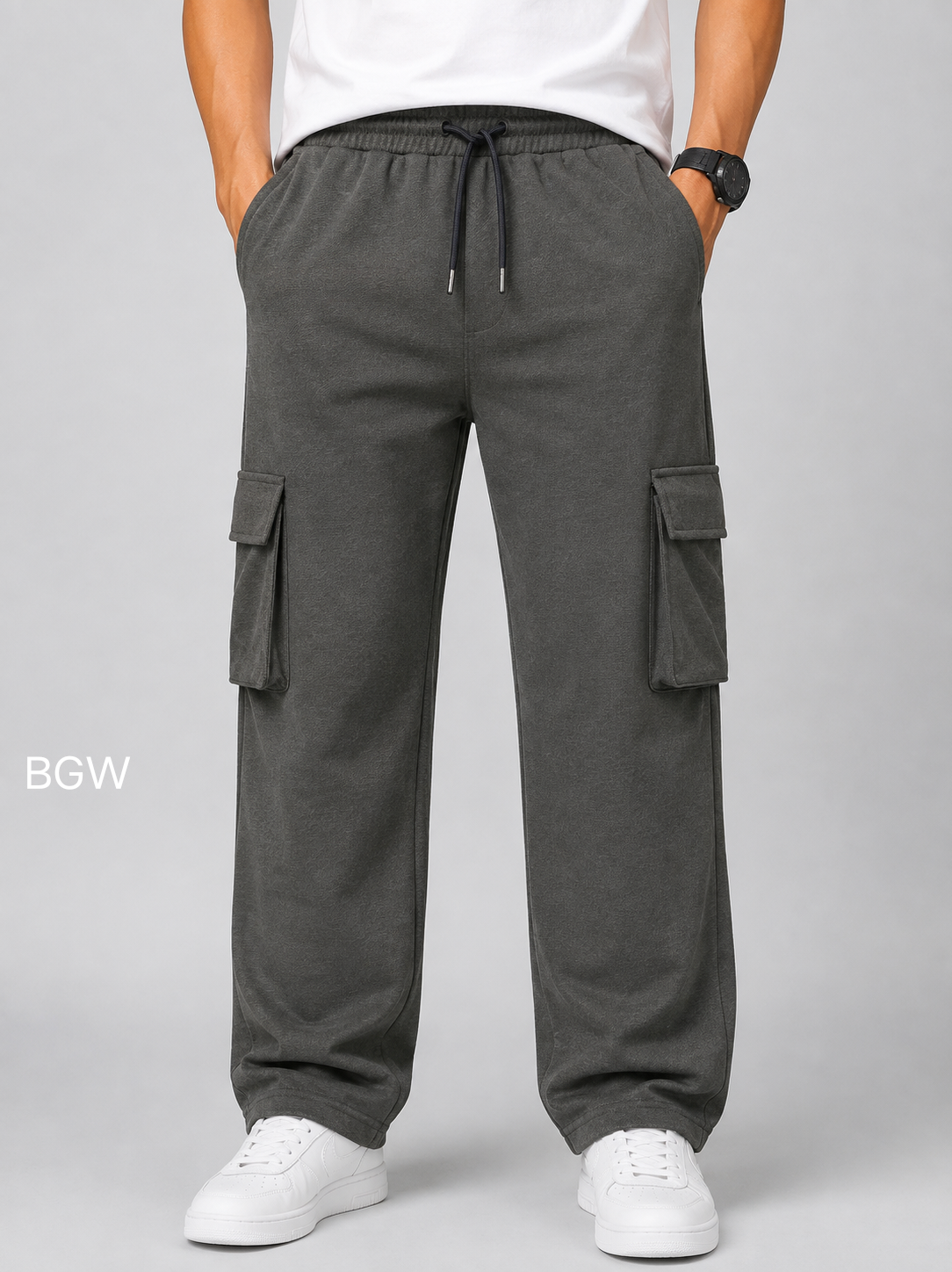 Men's Pachi Green Cargo Pant - 6 Pockets - Baggy Straight Fit - Elastic Waist with Drawstring - Casual Streetwear
