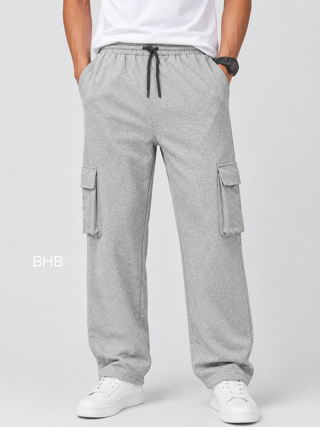 Men's Light Grey Cargo Pant - 6 Pockets - Baggy Straight Fit - Elastic Waist with Drawstring - Casual Streetwear