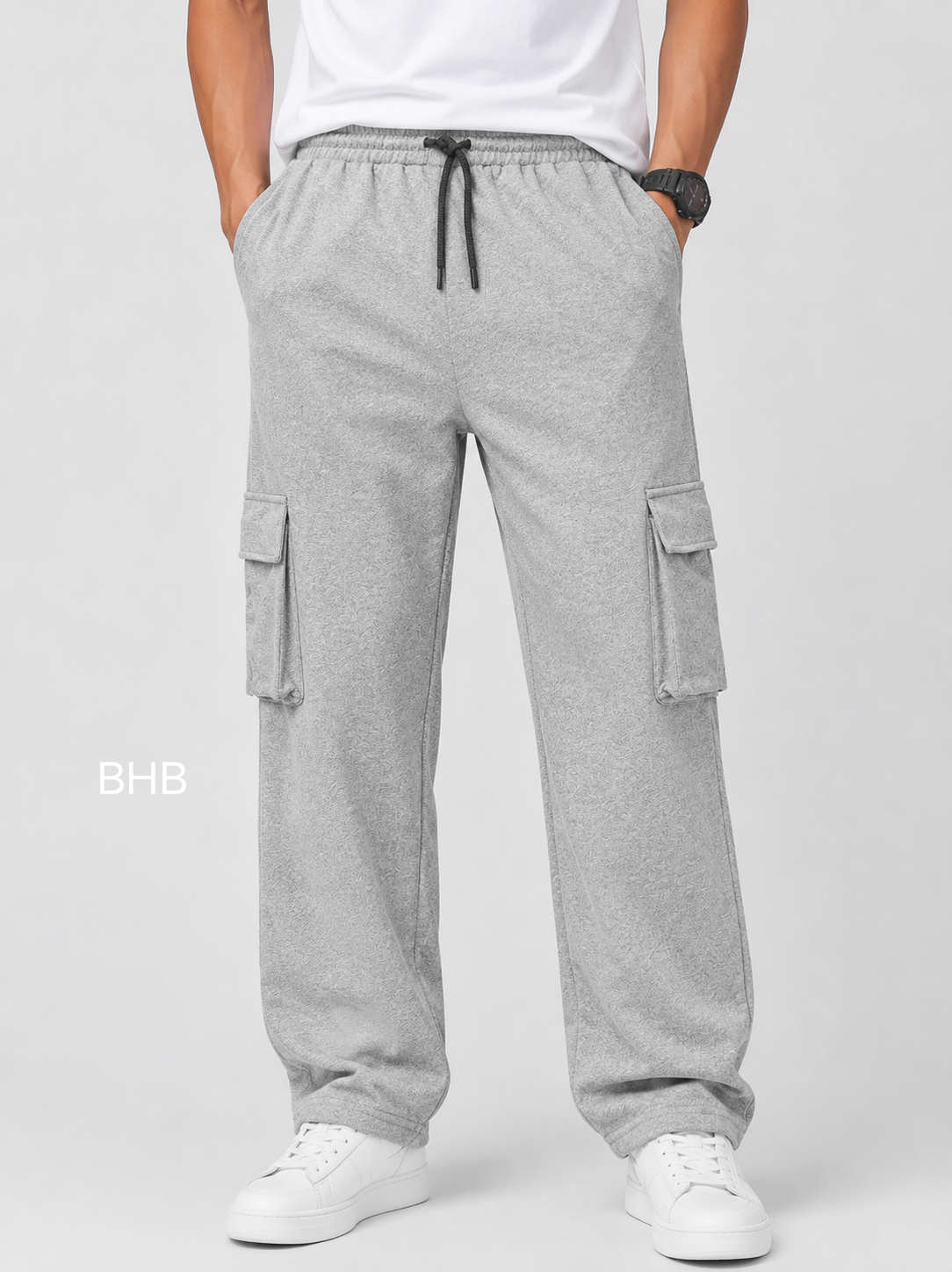 Men's Light Grey Cargo Pant - 6 Pockets - Baggy Straight Fit - Elastic Waist with Drawstring - Casual Streetwear