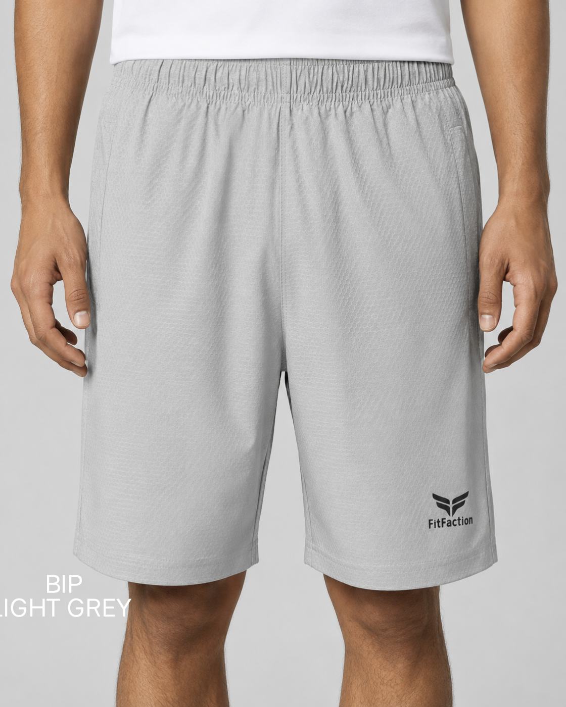 Men’s Grey Textured Sports Shorts with Elastic Waist & Zipper Pockets