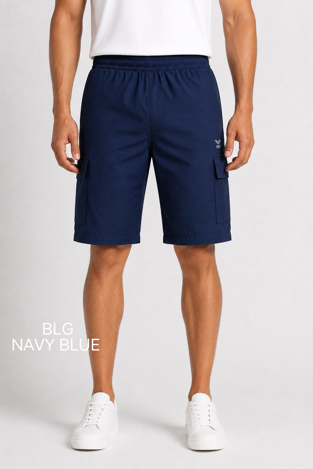 Men’s Navy Blue Cotton Cargo Shorts with Elastic Waist & Flap Pockets