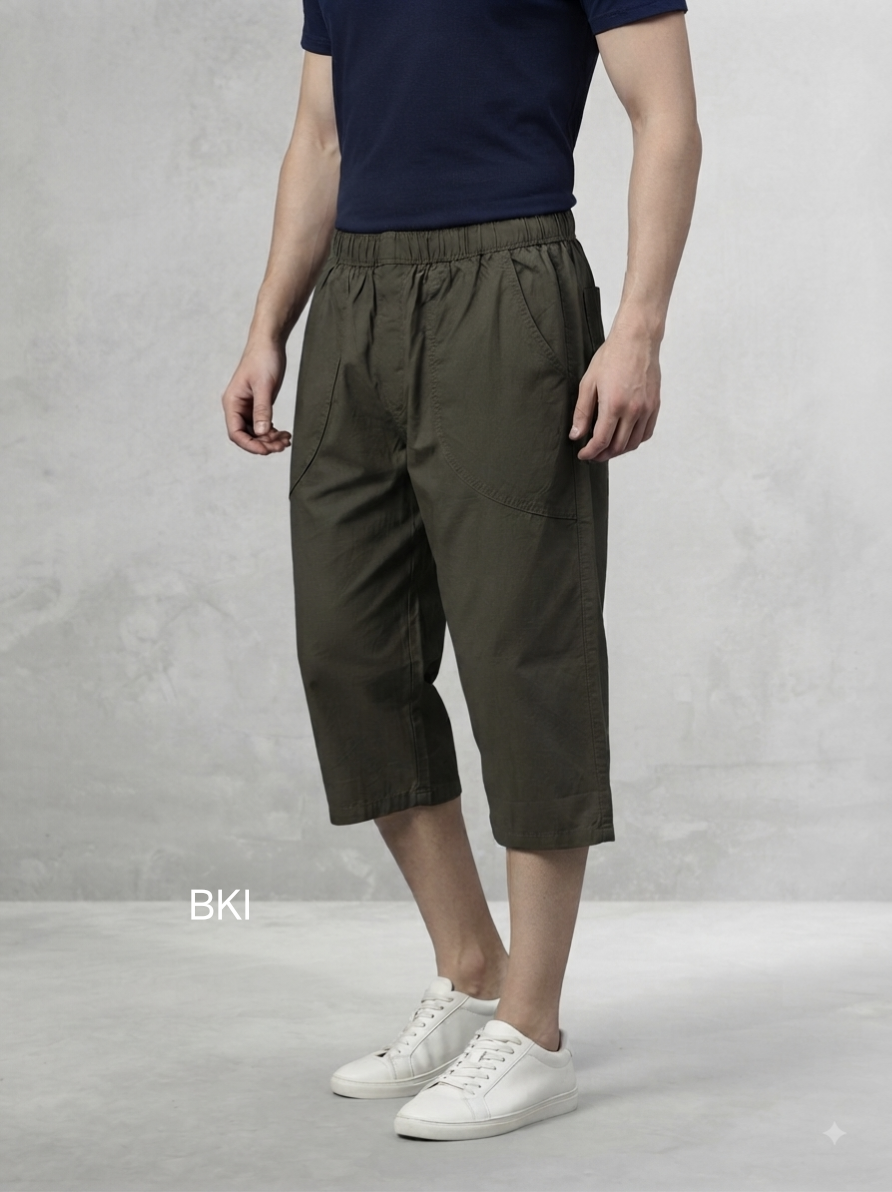 Men’s Dark olive green Cotton 3/4-Length Casual Shorts with Elastic Waist & Side Pockets Cotton 3/4-Length Casual Shorts with Elastic Waist & Side Pockets