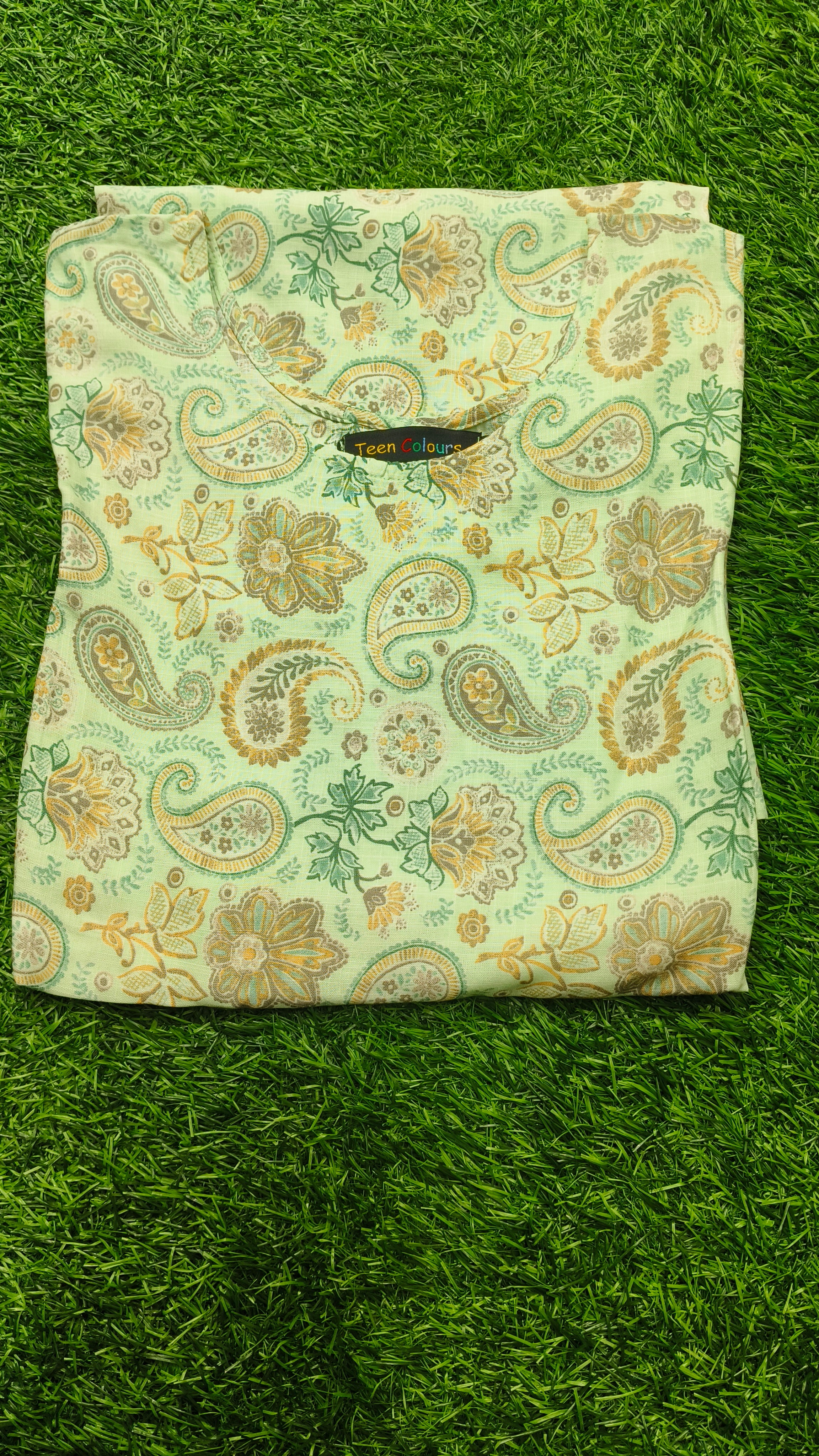 Women’s Pista Green Cotton Floral Paisley Printed Straight-Cut Kurthi with Elbow Sleeves & Pocket