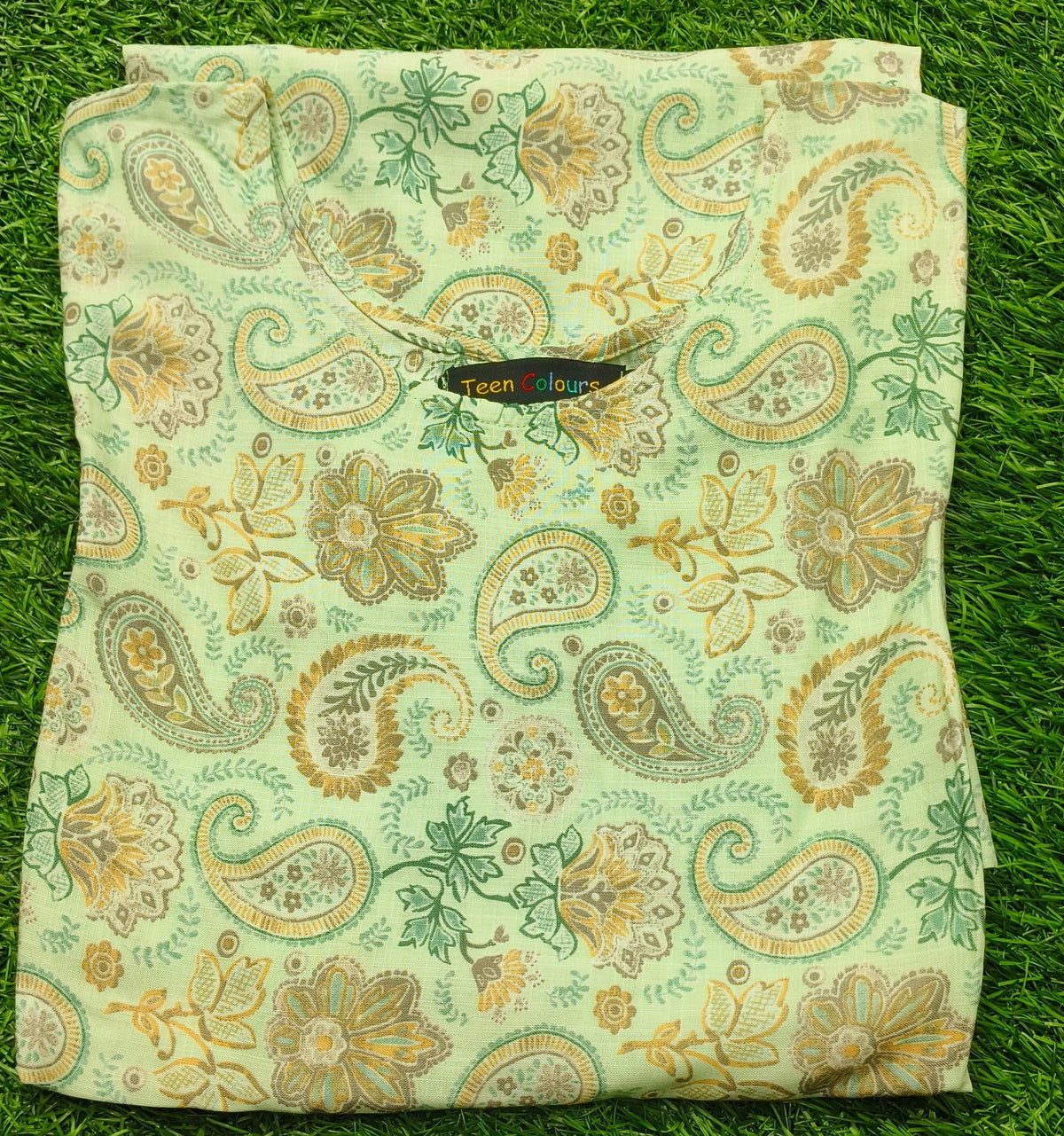 Women’s Pista Green Cotton Floral Paisley Printed Straight-Cut Kurthi with Elbow Sleeves & Pocket