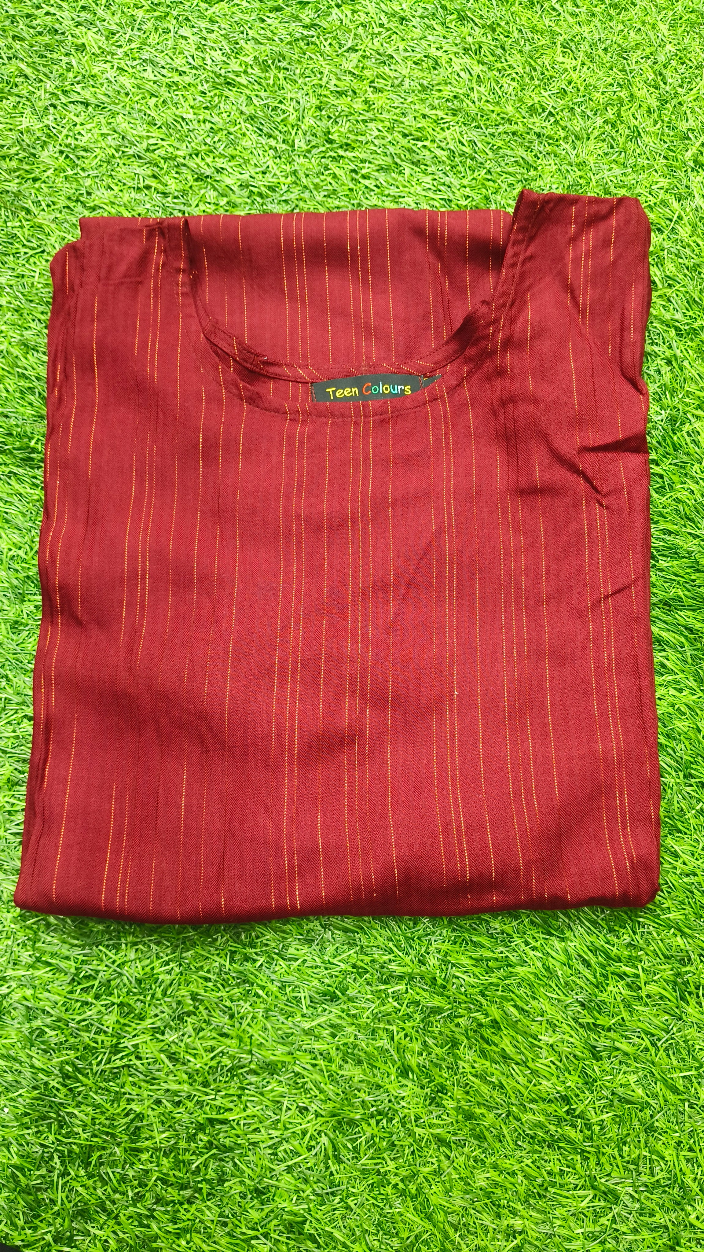 Womens Maroon color rayon Kurti - Golden Zari Lurex Stripes, Round Neck, Elbow Sleeves, Straight Cut with Pocket