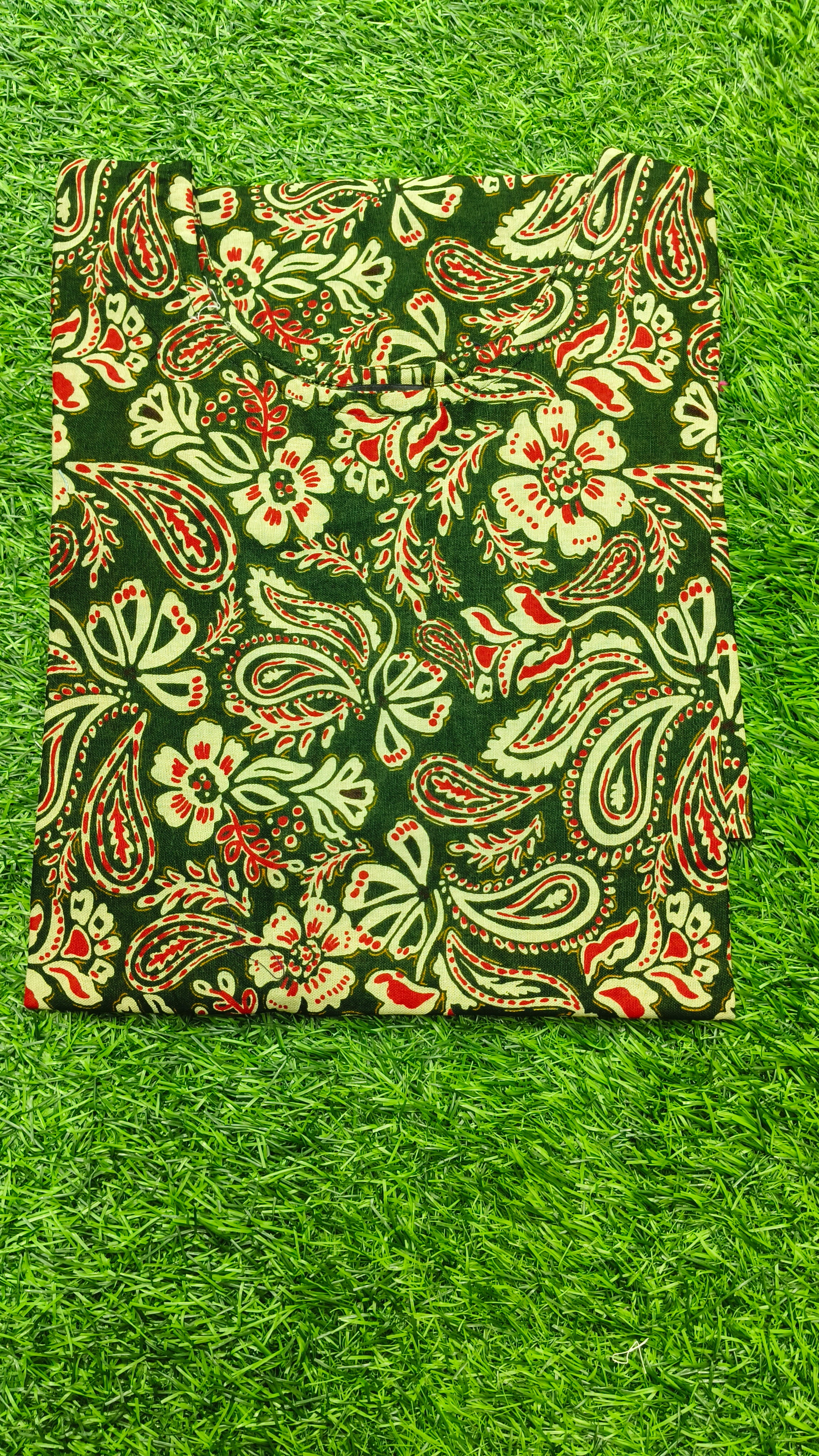 Women’s Bottle Green Floral Paisley Printed Cotton Straight-Cut Kurthi with Elbow Sleeves & Pocket