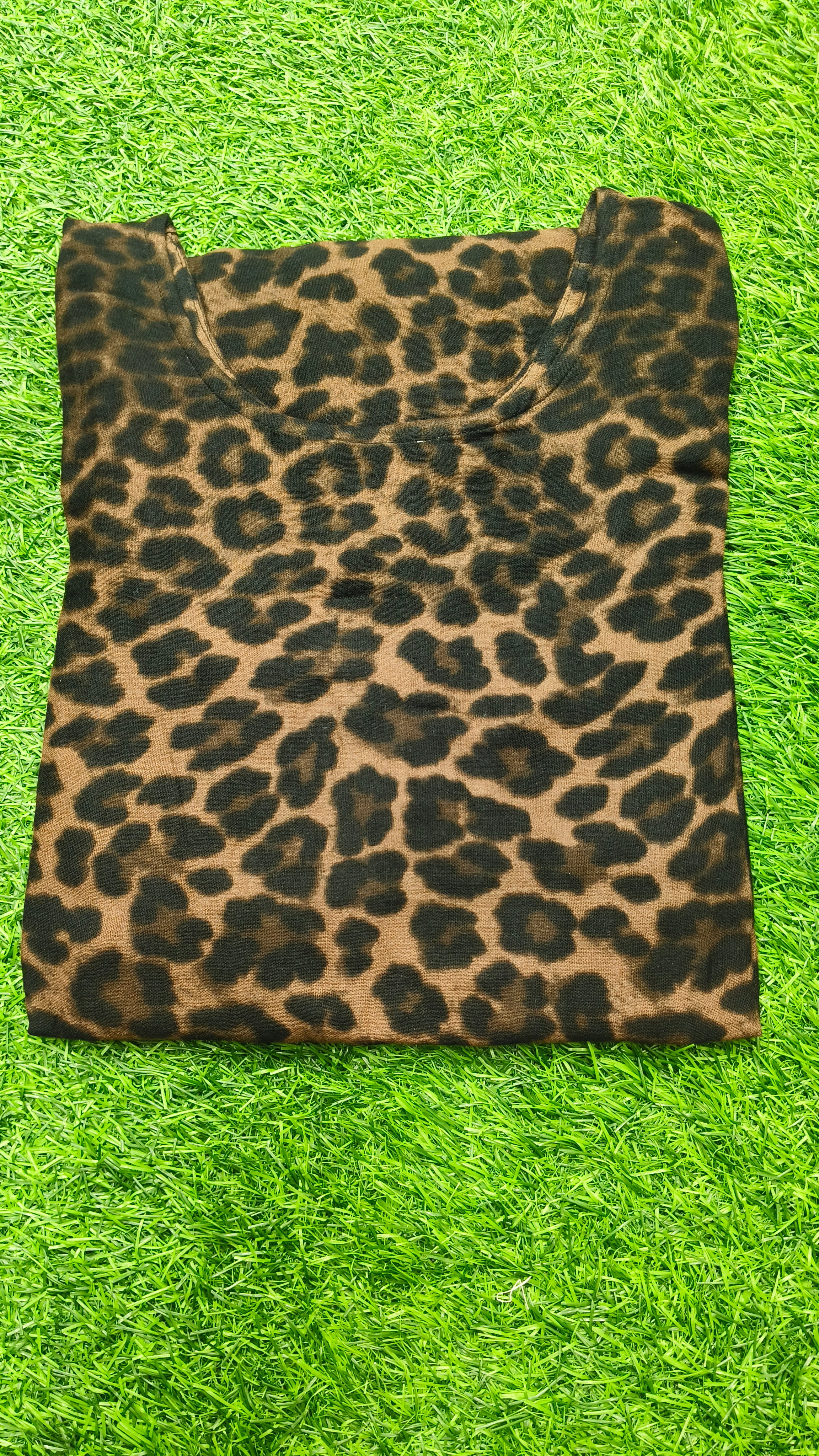 Women’s Camel Brown & Black Leopard-Printed Cotton Straight-Cut Kurthi with Elbow Sleeves & Pocket