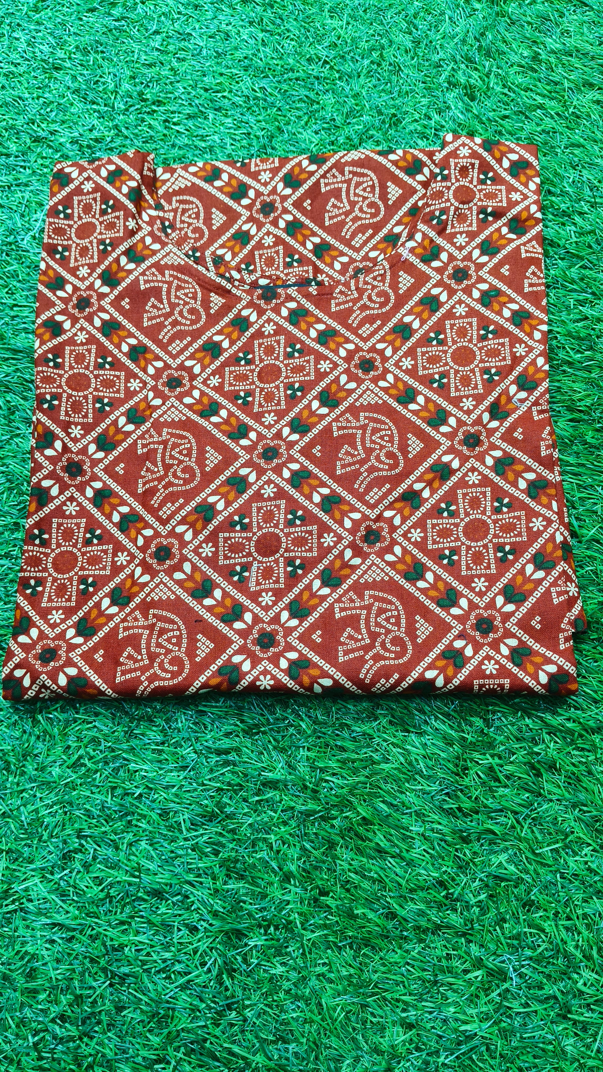 Women’s Rust Brown Multicolour Ethnic Printed Cotton Straight-Cut Kurthi with Elbow Sleeves & Pocket