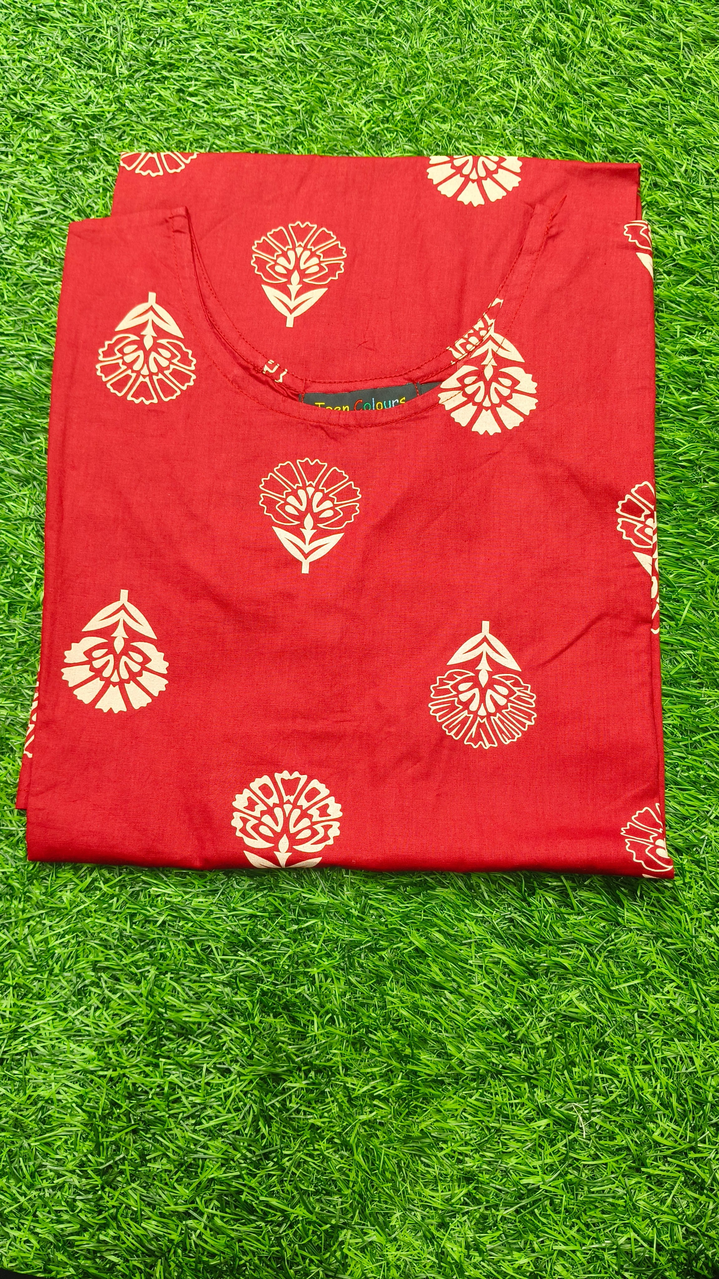 Women’s Maroon Red Floral Block-Printed Cotton Straight-Cut Kurthi with Elbow Sleeves & Pocket