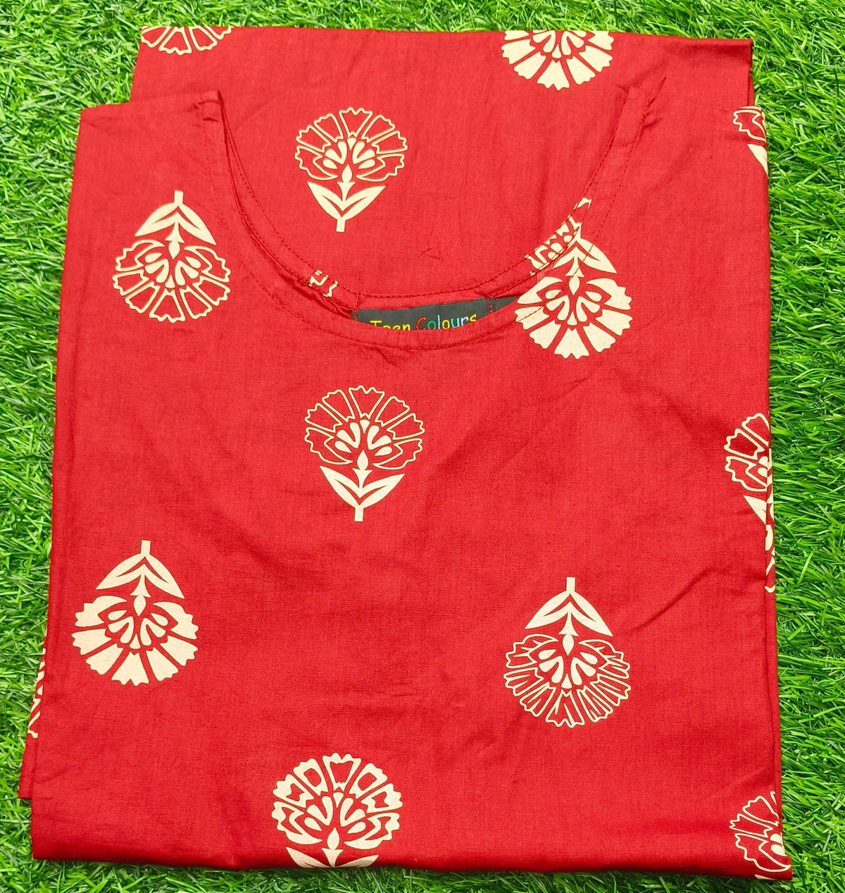 Women’s Maroon Red Floral Block-Printed Cotton Straight-Cut Kurthi with Elbow Sleeves & Pocket