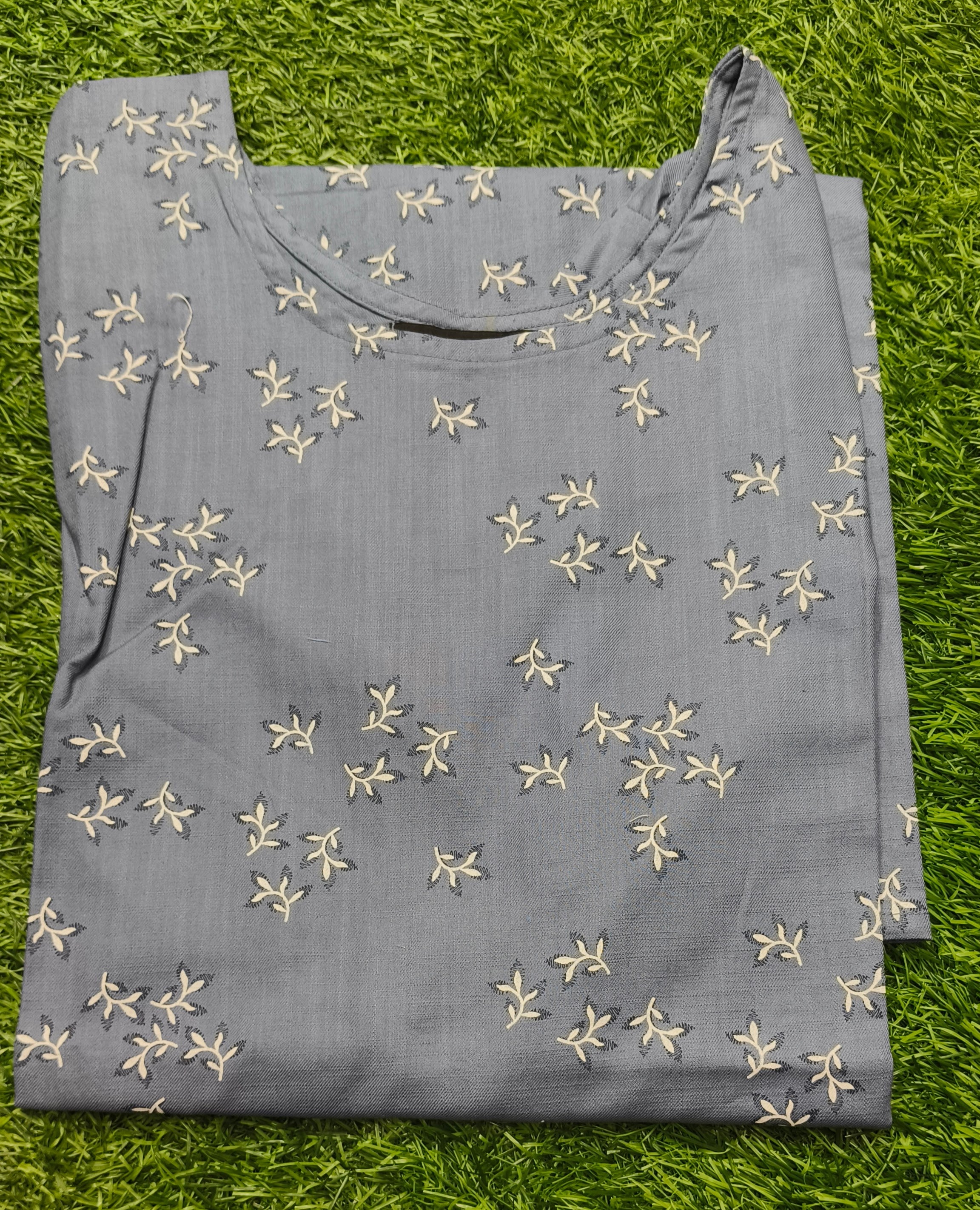 Women’s Blue Grey Leaf-Printed Rayon Straight-Cut Kurthi with Elbow Sleeves & Pocket