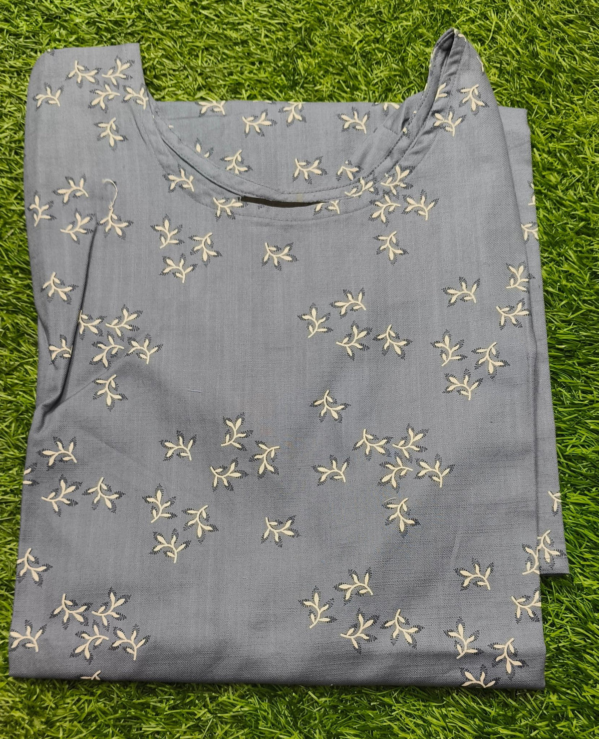 Women’s Blue Grey Leaf-Printed Rayon Straight-Cut Kurthi with Elbow Sleeves & Pocket