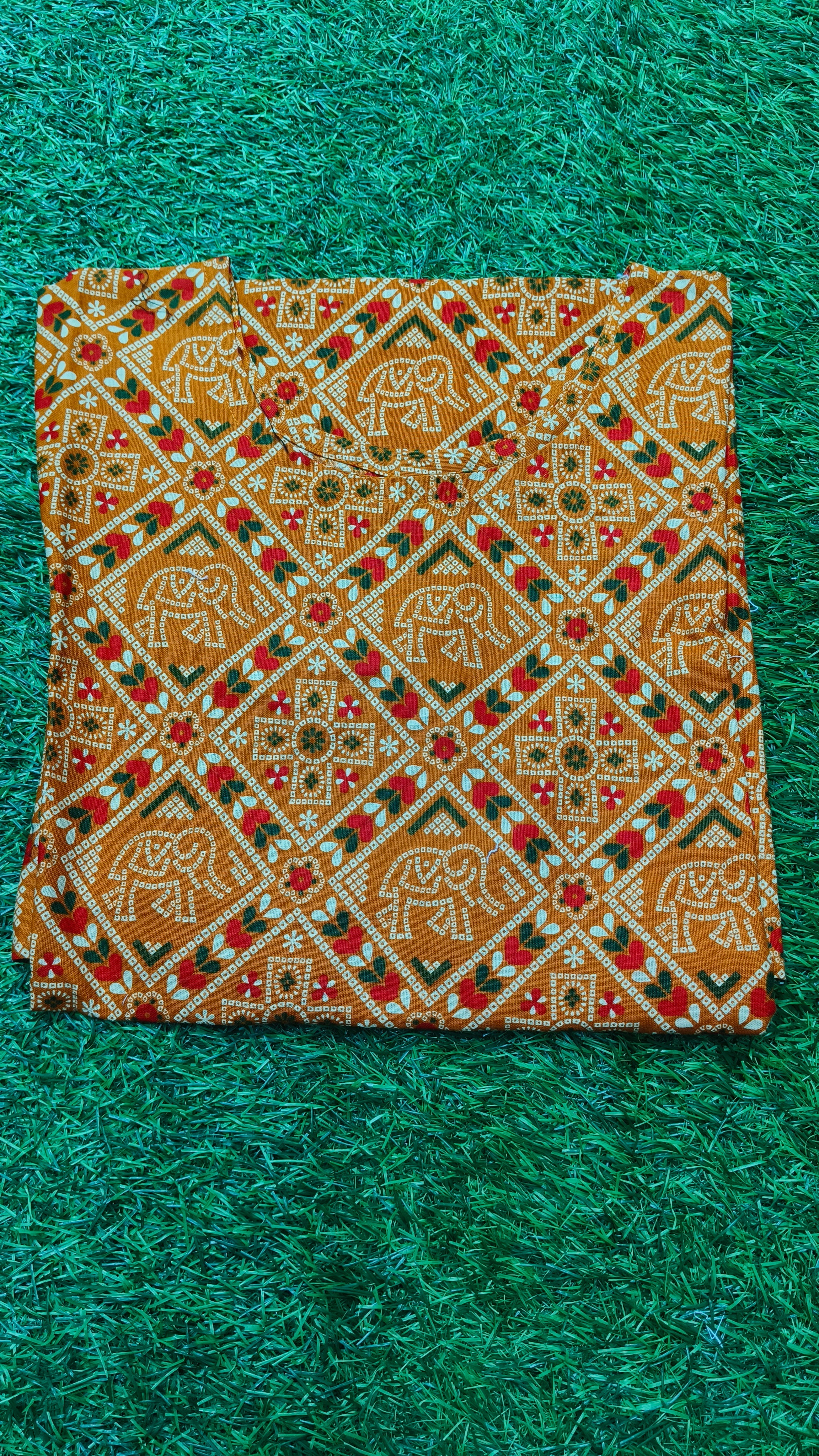 Women’s Mustard Yellow Elephant & Ethnic Printed Cotton Straight-Cut Kurthi with Elbow Sleeves & Pocket