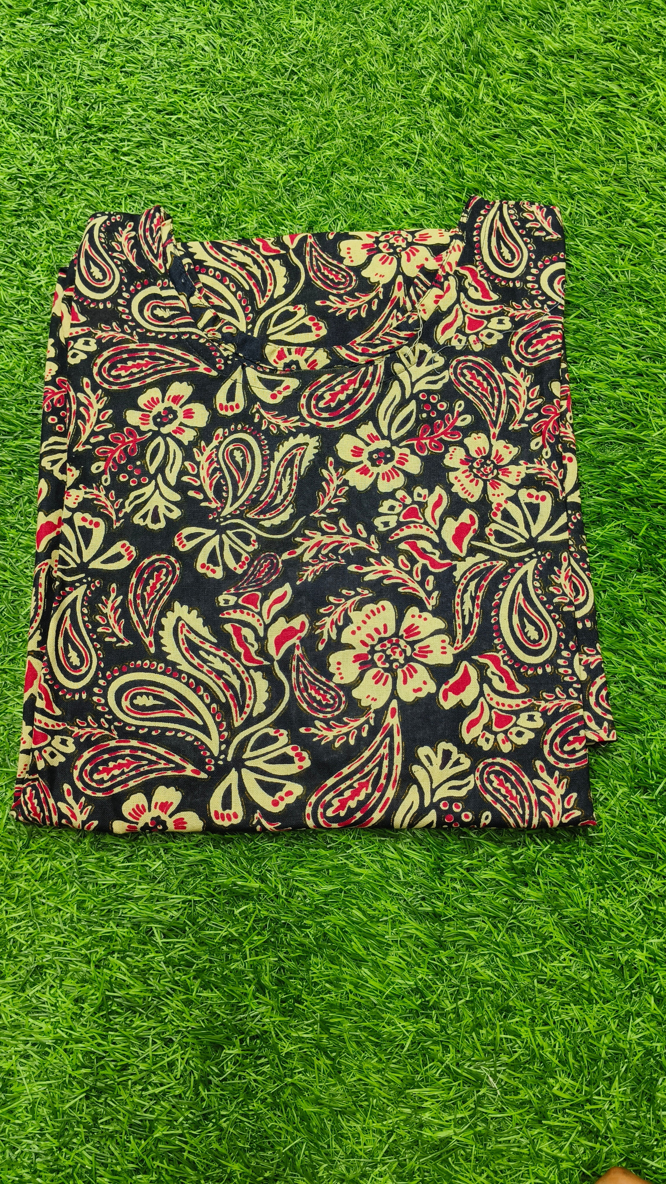 Women’s Navy Blue Floral Paisley Printed Cotton Straight-Cut Kurthi with Elbow Sleeves & Pocket