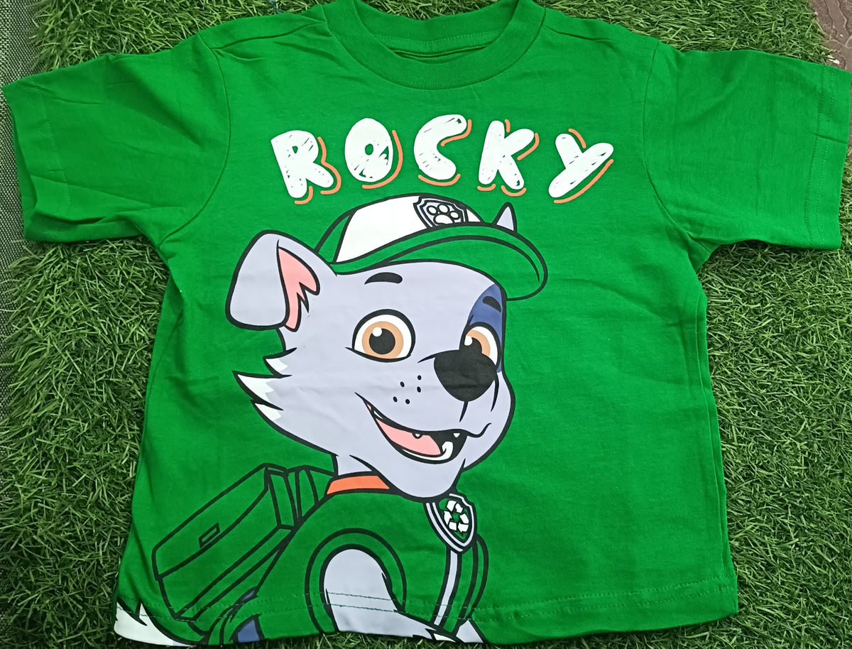 Kid's Green Rocky Cartoon Dog Graphic Printed T-Shirt
