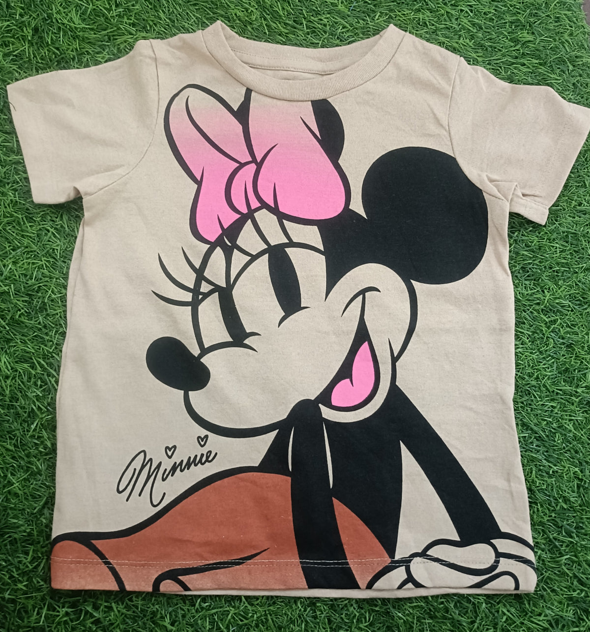 Girls Light Beige Minnie Cartoon Graphic Printed T-Shirt