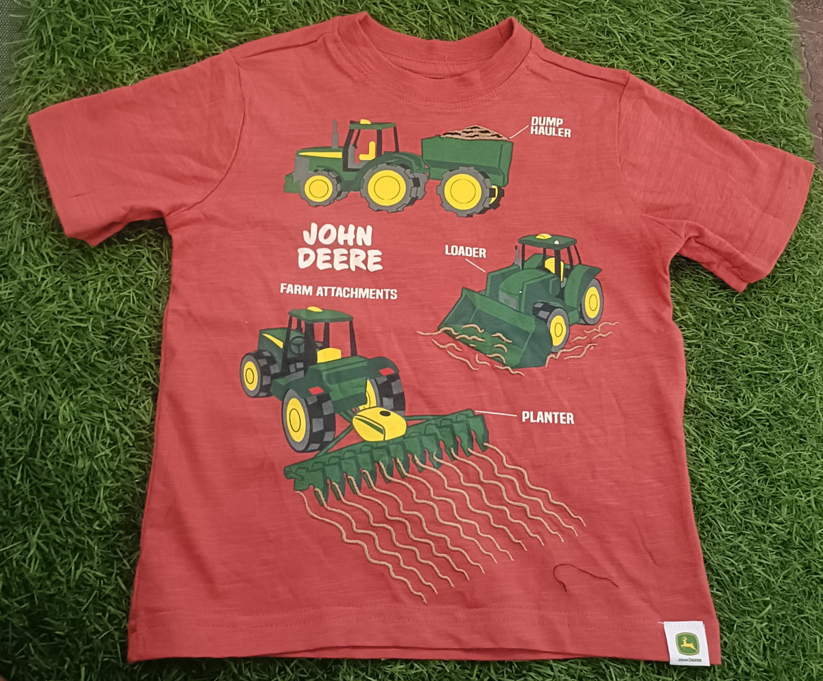 Kid's Brick Red Farm Tractor Graphic Printed T-Shirt