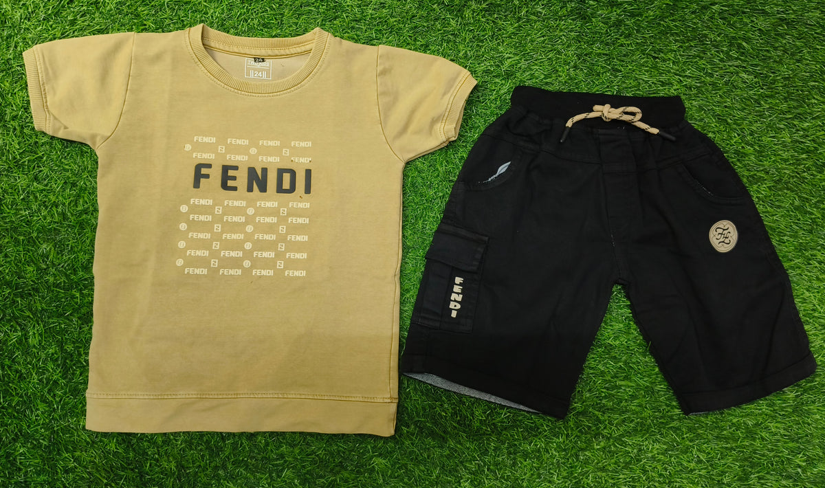 Boys Beige Printed T-Shirt & Black Cargo Short Set