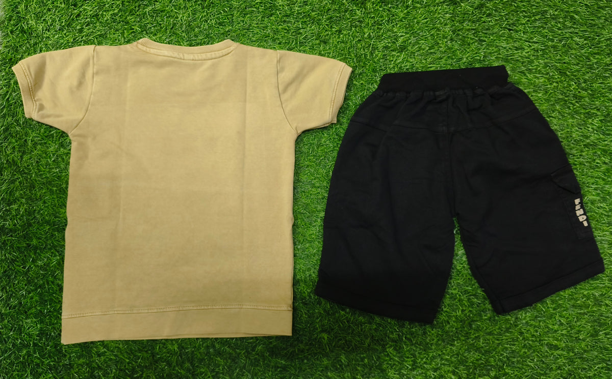 Boys Beige Printed T-Shirt & Black Cargo Short Set