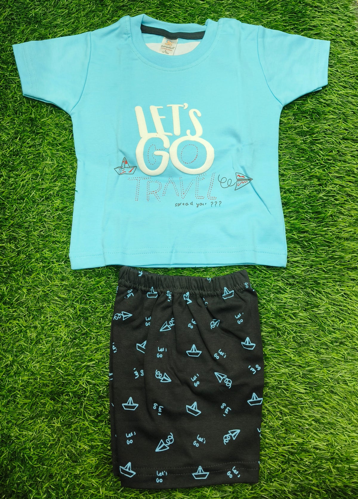 Toddler Boy's "Sky Blue Let's Go Travel" T-Shirt and Printed Short Set