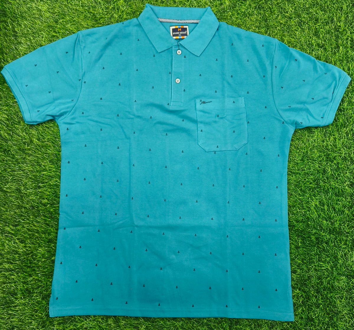 Men's Turquoise Blue Printed Knitted Cotton Polo T-Shirt