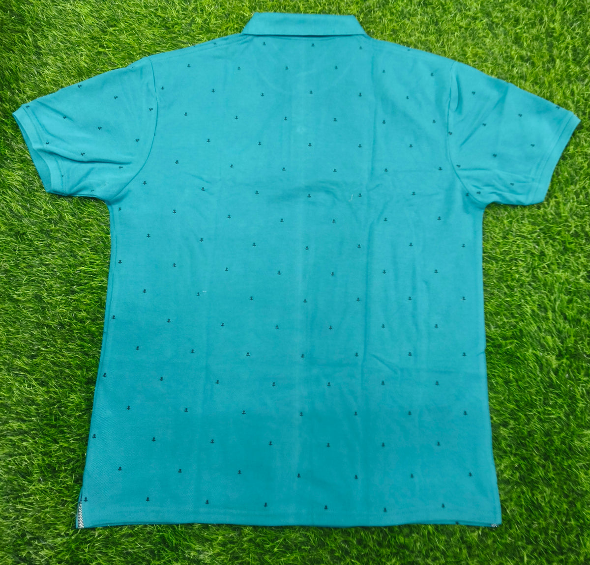 Men's Turquoise Blue Printed Knitted Cotton Polo T-Shirt