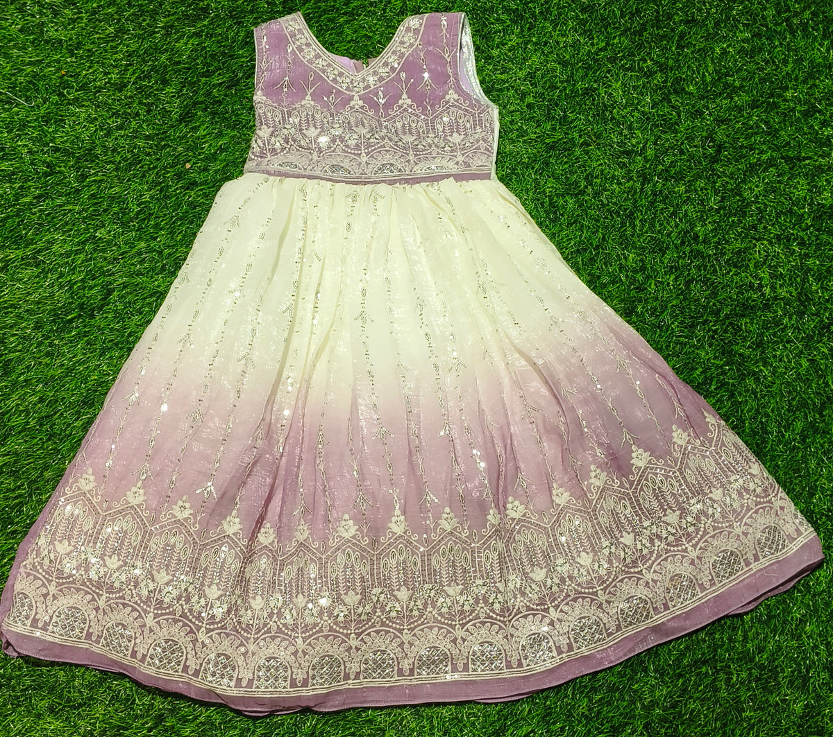 Girls Sleeveless Lavender & Ivory Floral Embroidered Party Wear Frock
