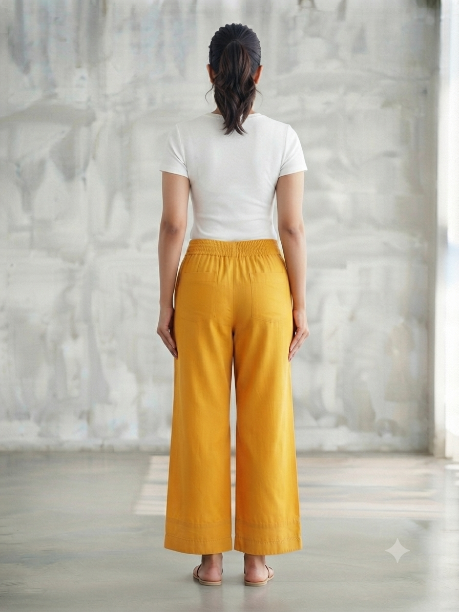 Yellow Solid Wide-Leg Palazzo with Pockets