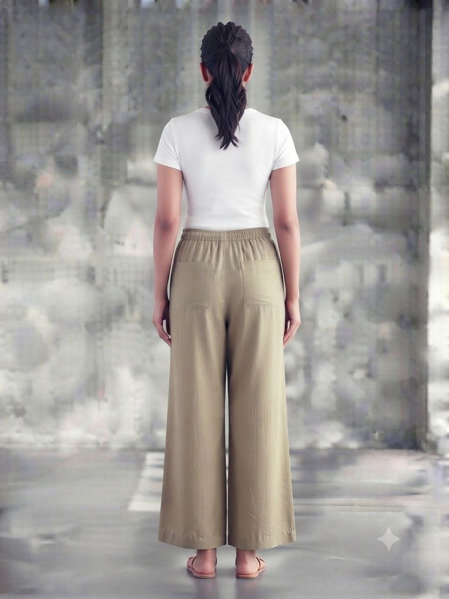 Cream Solid Wide-Leg Palazzo with Pockets