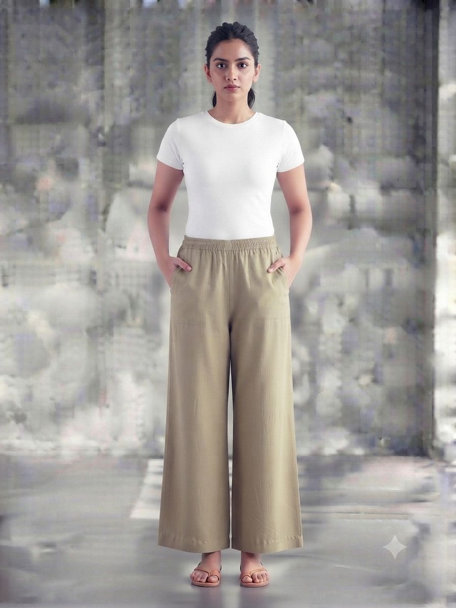 Cream Solid Wide-Leg Palazzo with Pockets