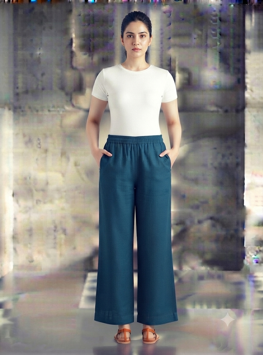 Teal Blue Solid Wide-Leg Palazzo with Pockets
