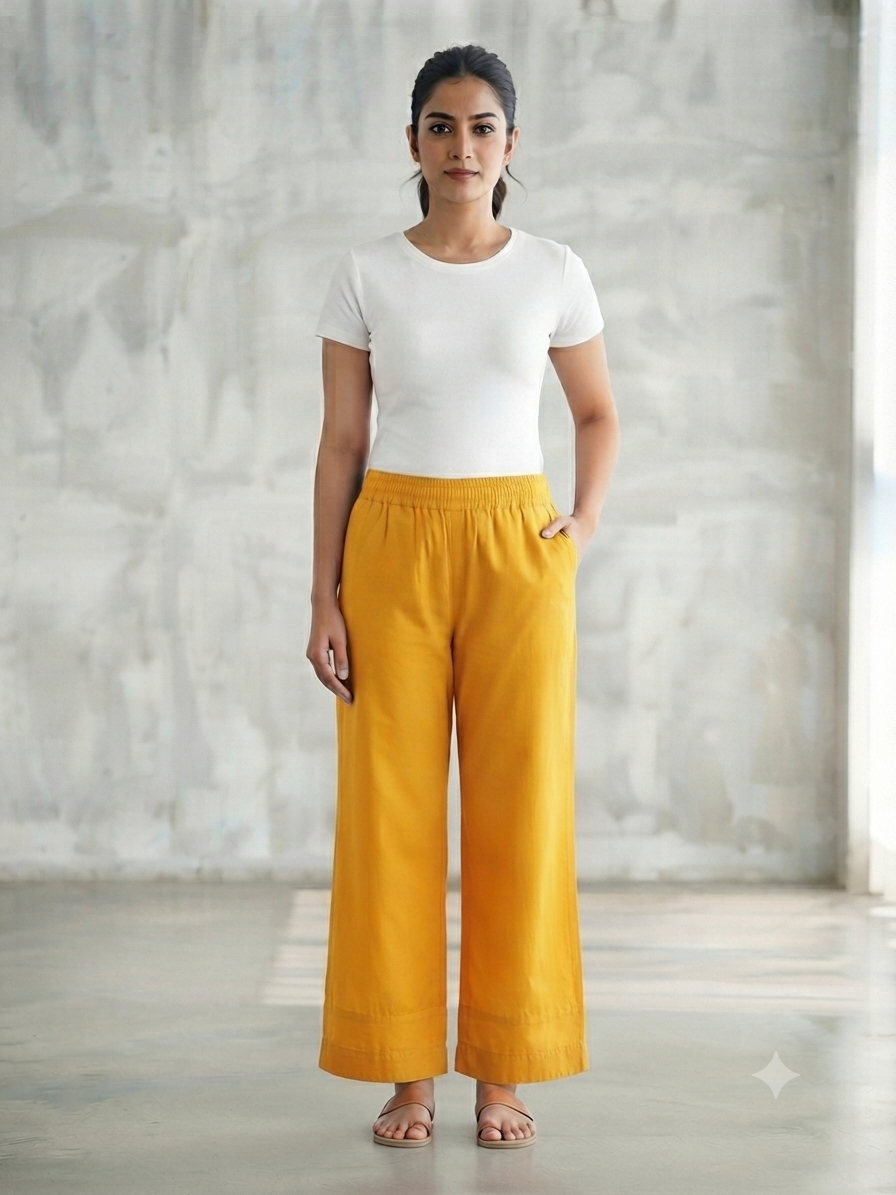 Yellow Solid Wide-Leg Palazzo with Pockets