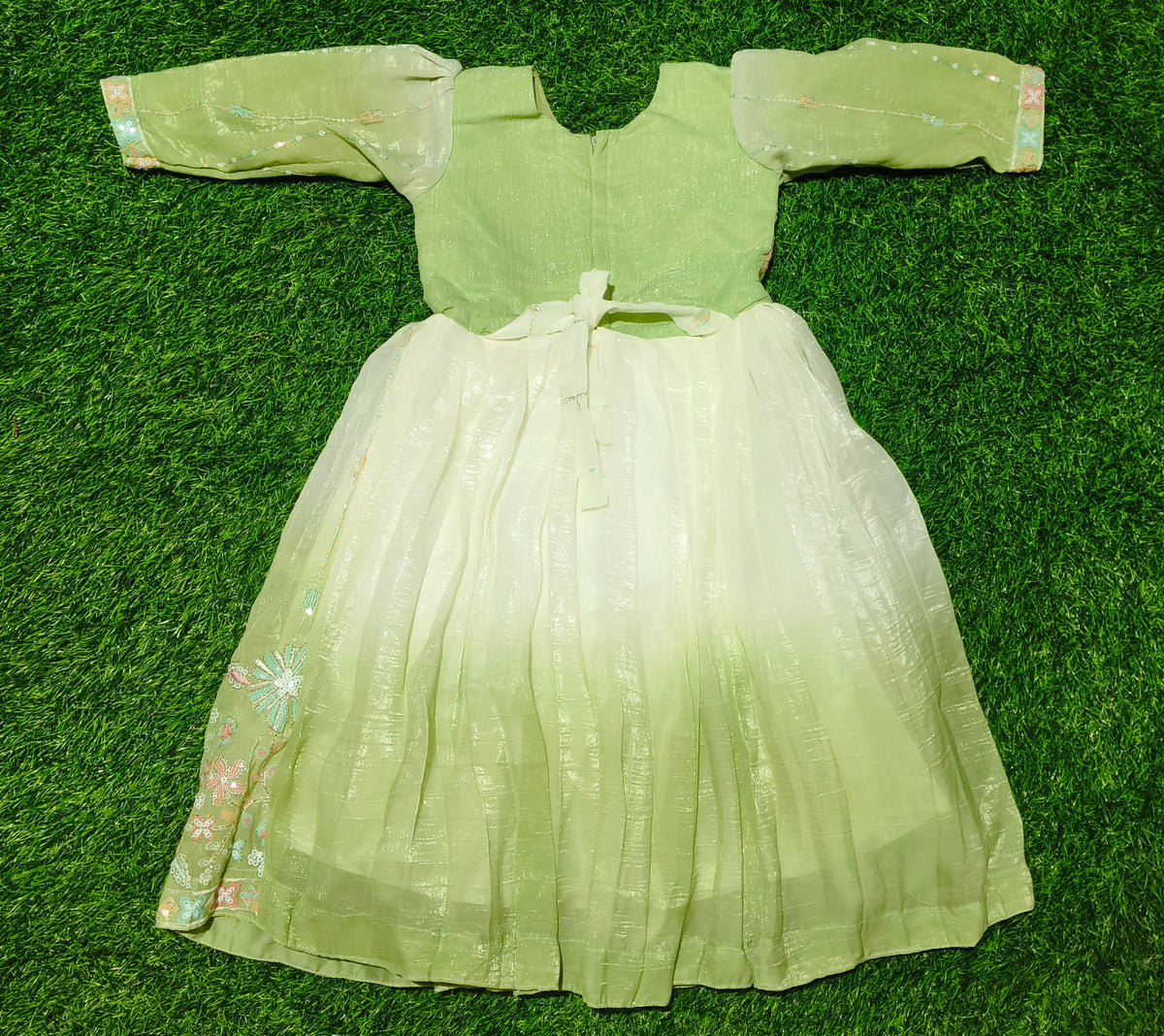 Girls Pistachio Green Floral Embroidered Party Wear Frock