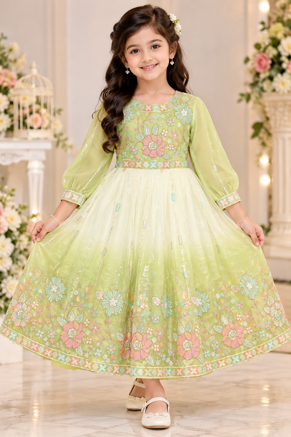 Girls Pistachio Green Floral Embroidered Party Wear Frock