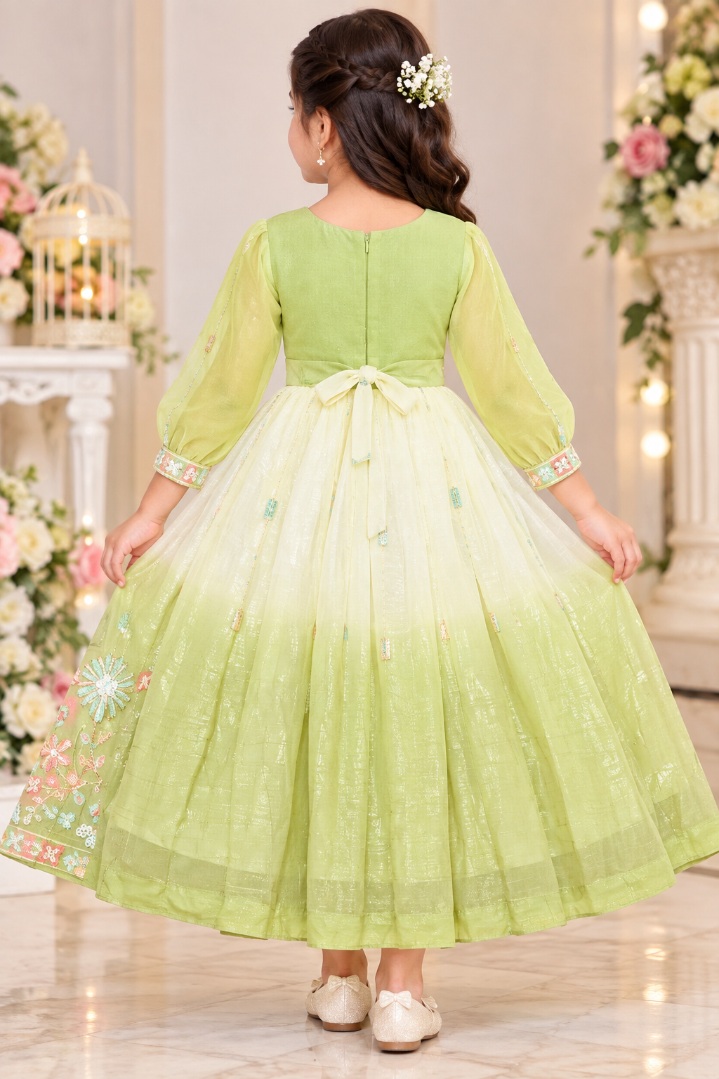 Girls Pistachio Green Floral Embroidered Party Wear Frock