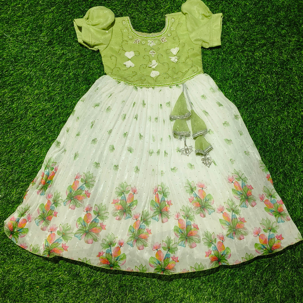 Girls Pistachio Green & White Floral Party Wear Frock