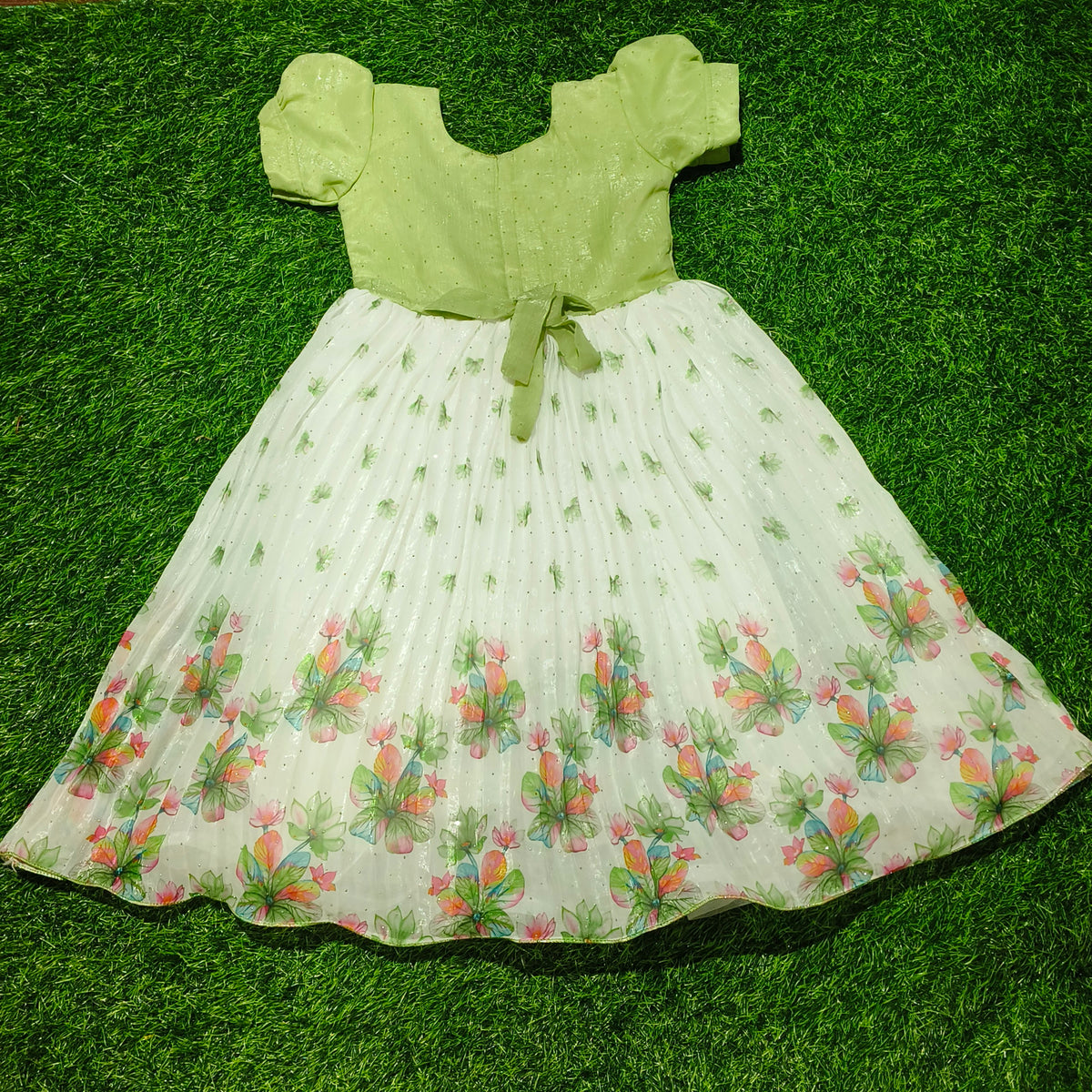 Girls Pistachio Green & White Floral Party Wear Frock