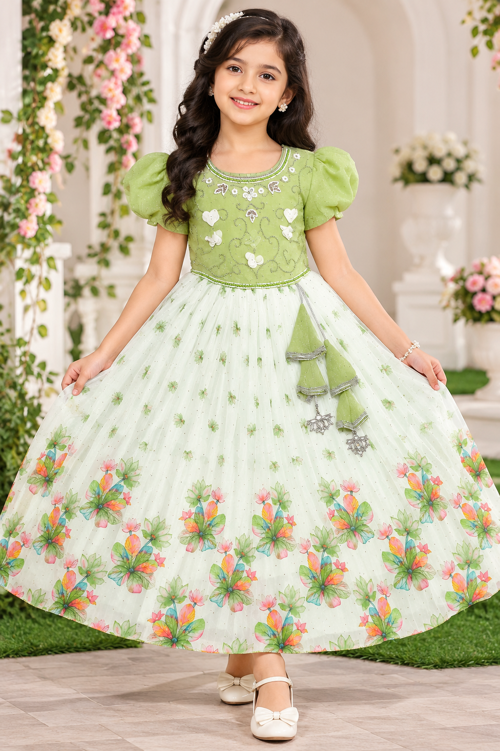Girls Pistachio Green & White Floral Party Wear Frock
