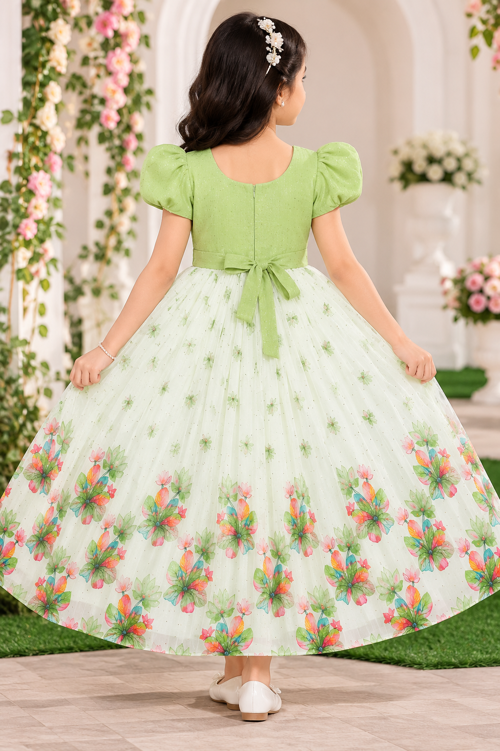 Girls Pistachio Green & White Floral Party Wear Frock
