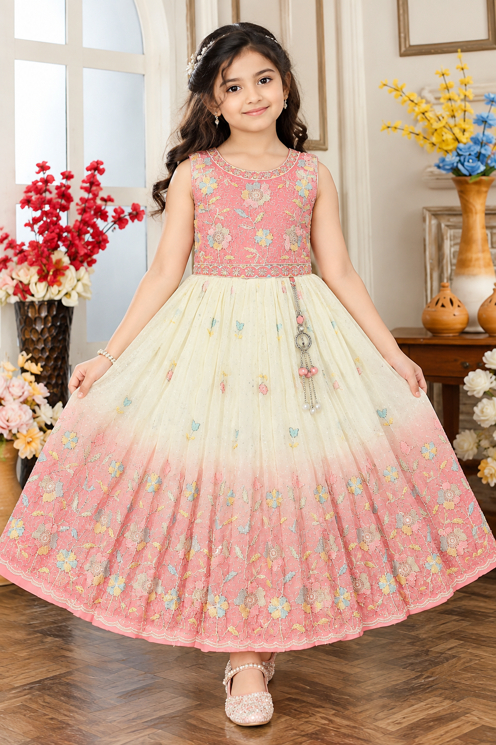 Girls Sleeveless Peach Pink & Ivory Floral Embroidered Party Wear Frock