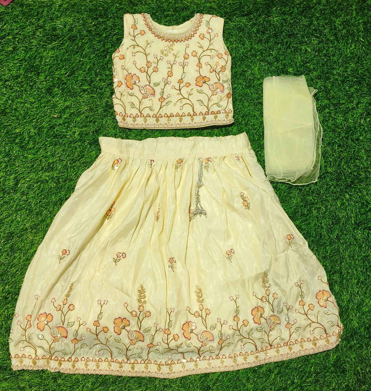 Girls Sleeveless Cream Floral Embroidered Lehenga Choli with Dupatta