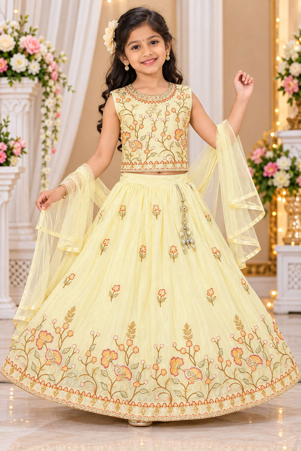 Girls Sleeveless Cream Floral Embroidered Lehenga Choli with Dupatta
