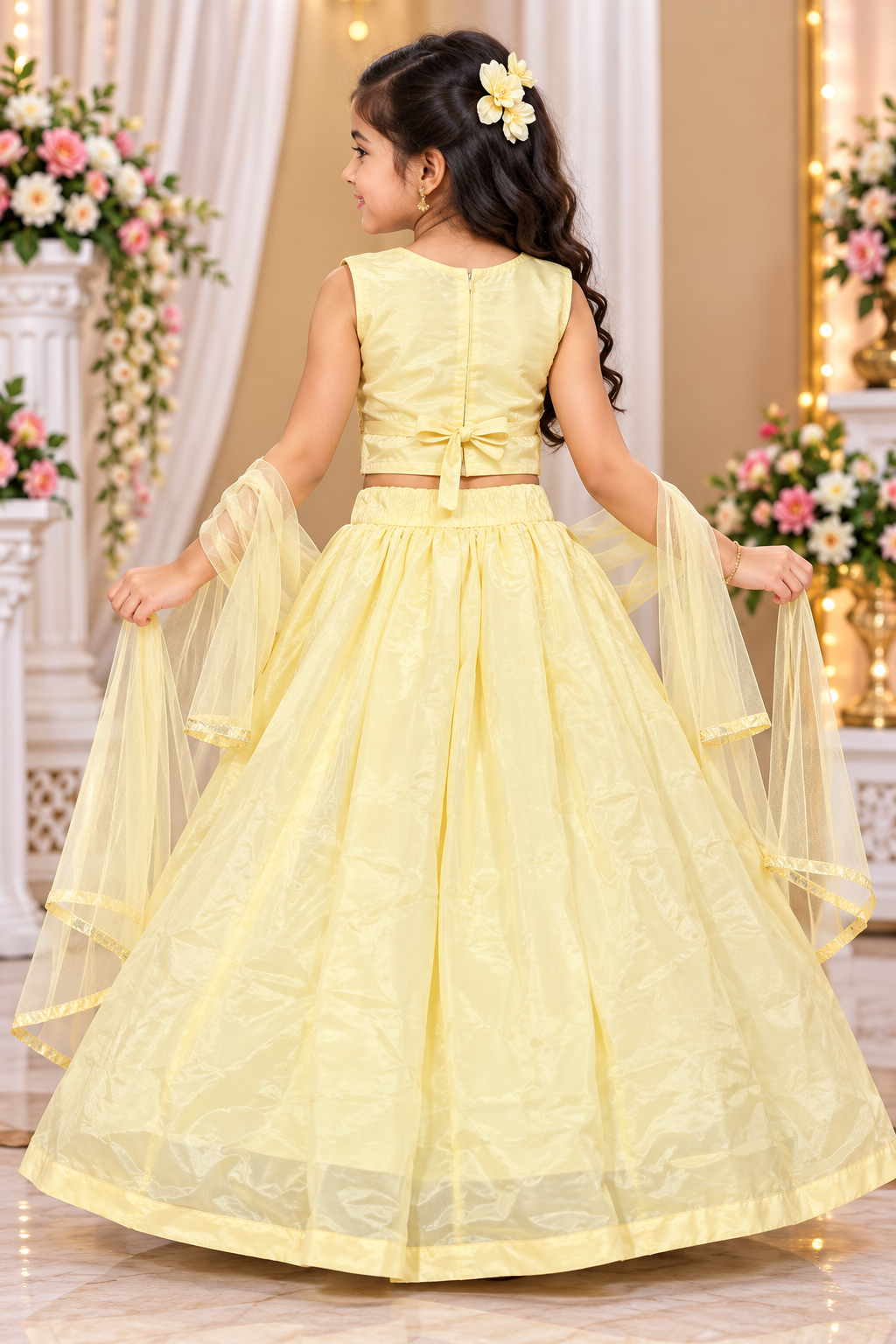Girls Sleeveless Cream Floral Embroidered Lehenga Choli with Dupatta