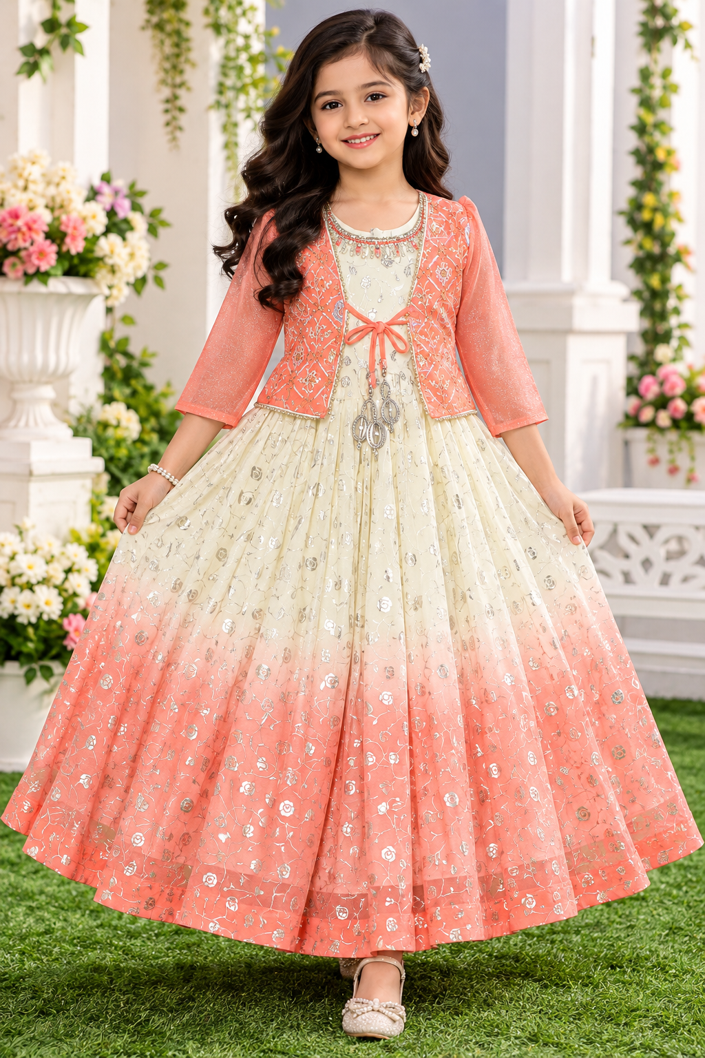 Girls 3/4 Sleeve Coral Pink Jacket Style Party Wear Frock