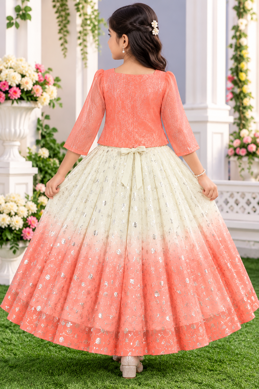 Girls 3/4 Sleeve Coral Pink Jacket Style Party Wear Frock