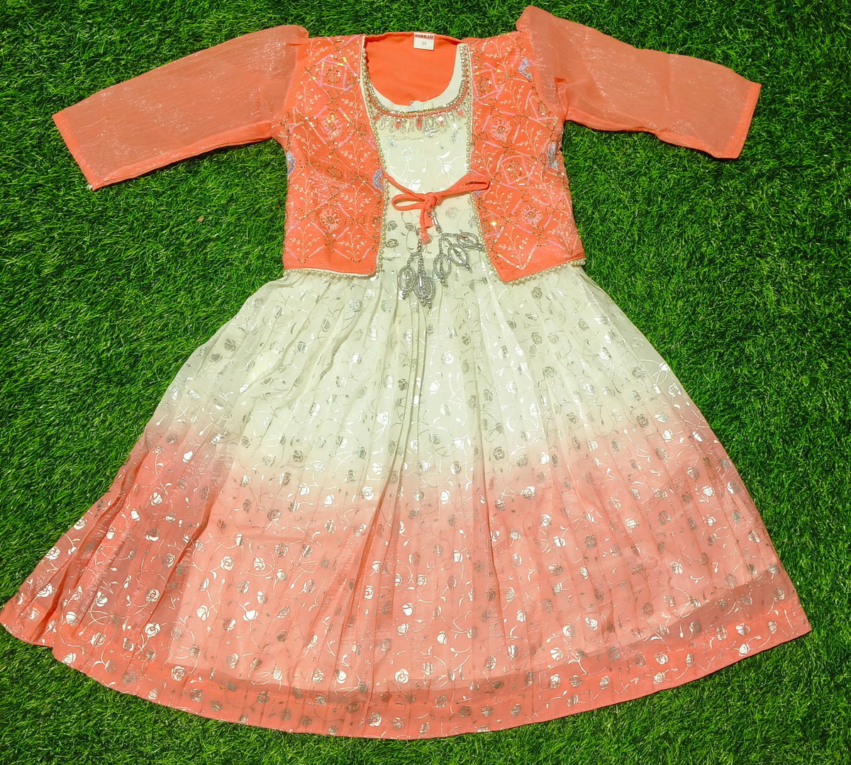 Girls 3/4 Sleeve Coral Pink Jacket Style Party Wear Frock