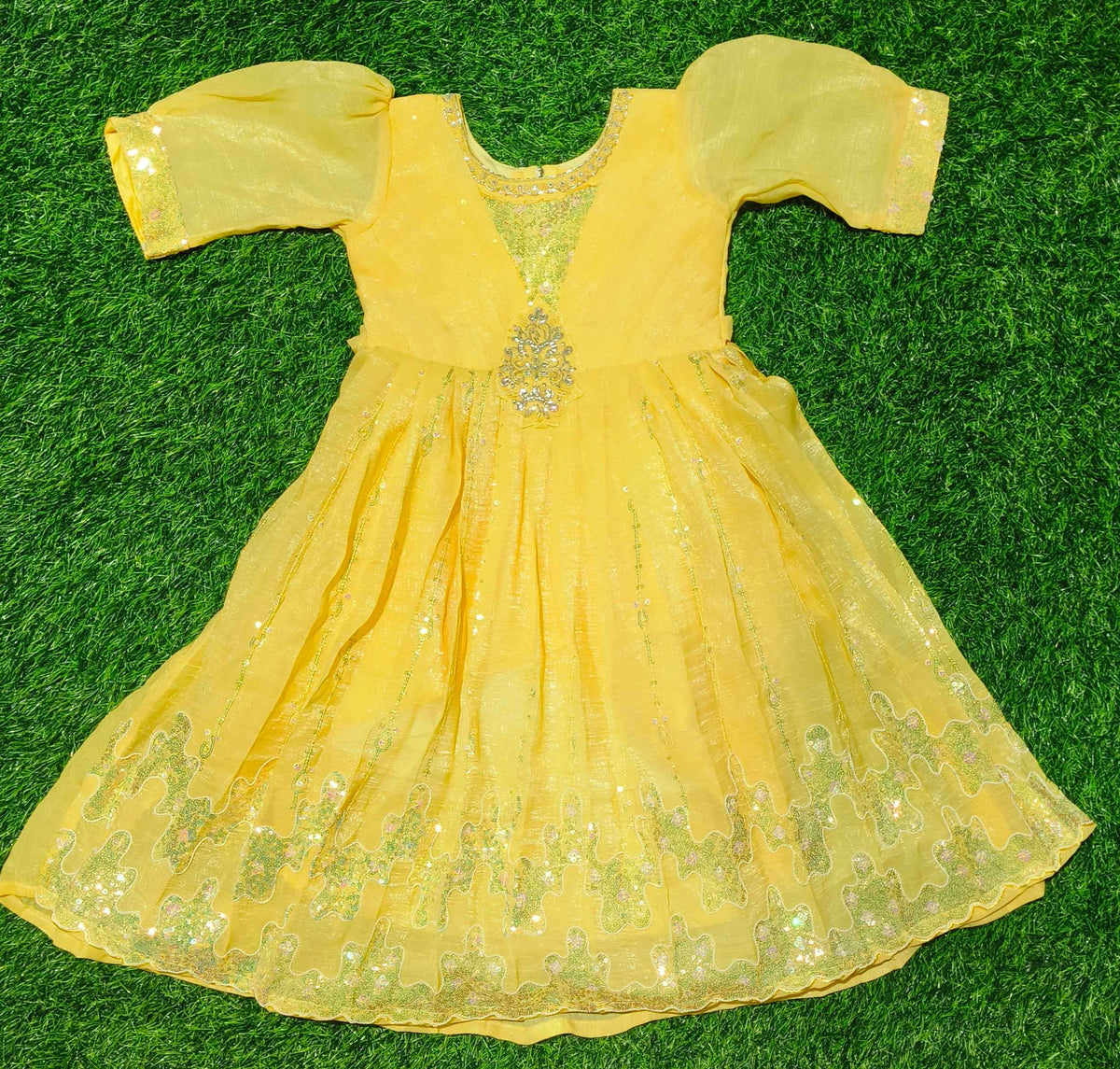 Girls Elbow Sleeve Yellow Sequin Embellished Party Wear Frock
