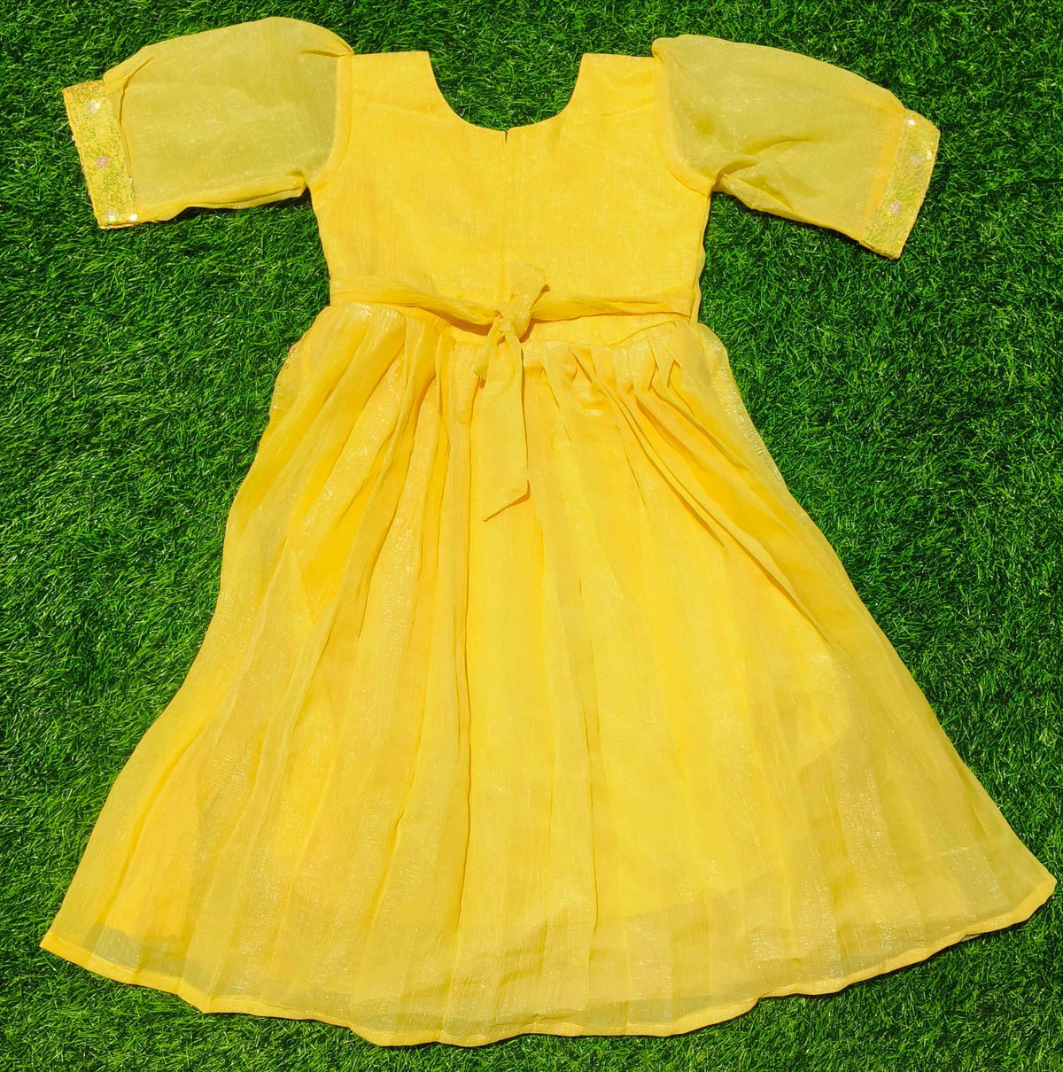 Girls Elbow Sleeve Yellow Sequin Embellished Party Wear Frock